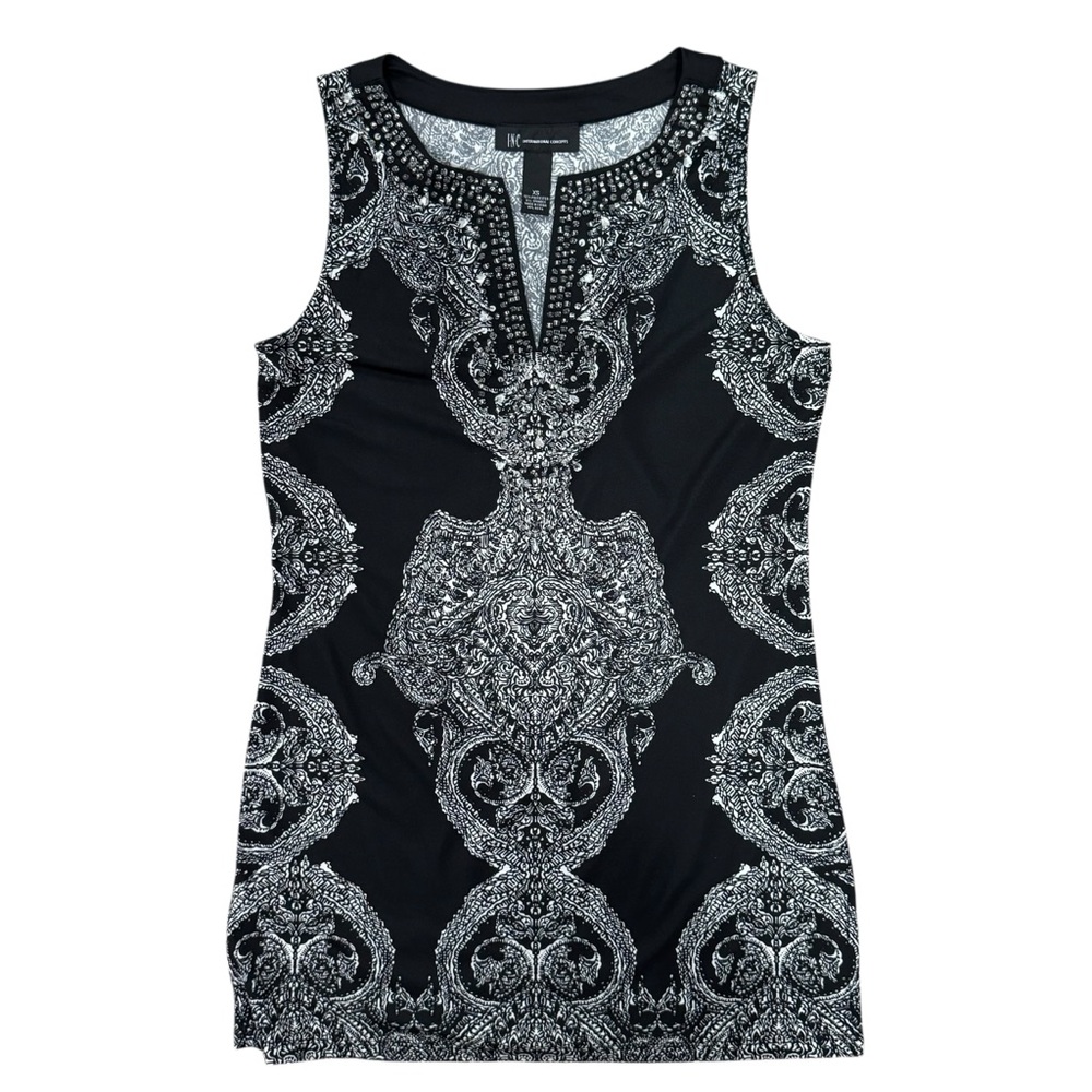 INC International Concepts Black Embellished Baroque Tank | XS